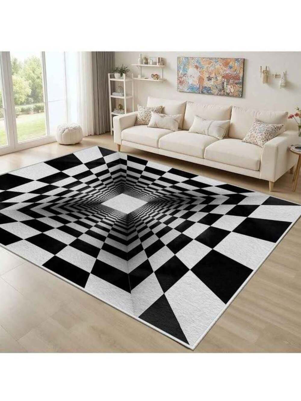 3D Optical Illusion Area Rug Visual Illusion Black White Checkered Washable 8x10